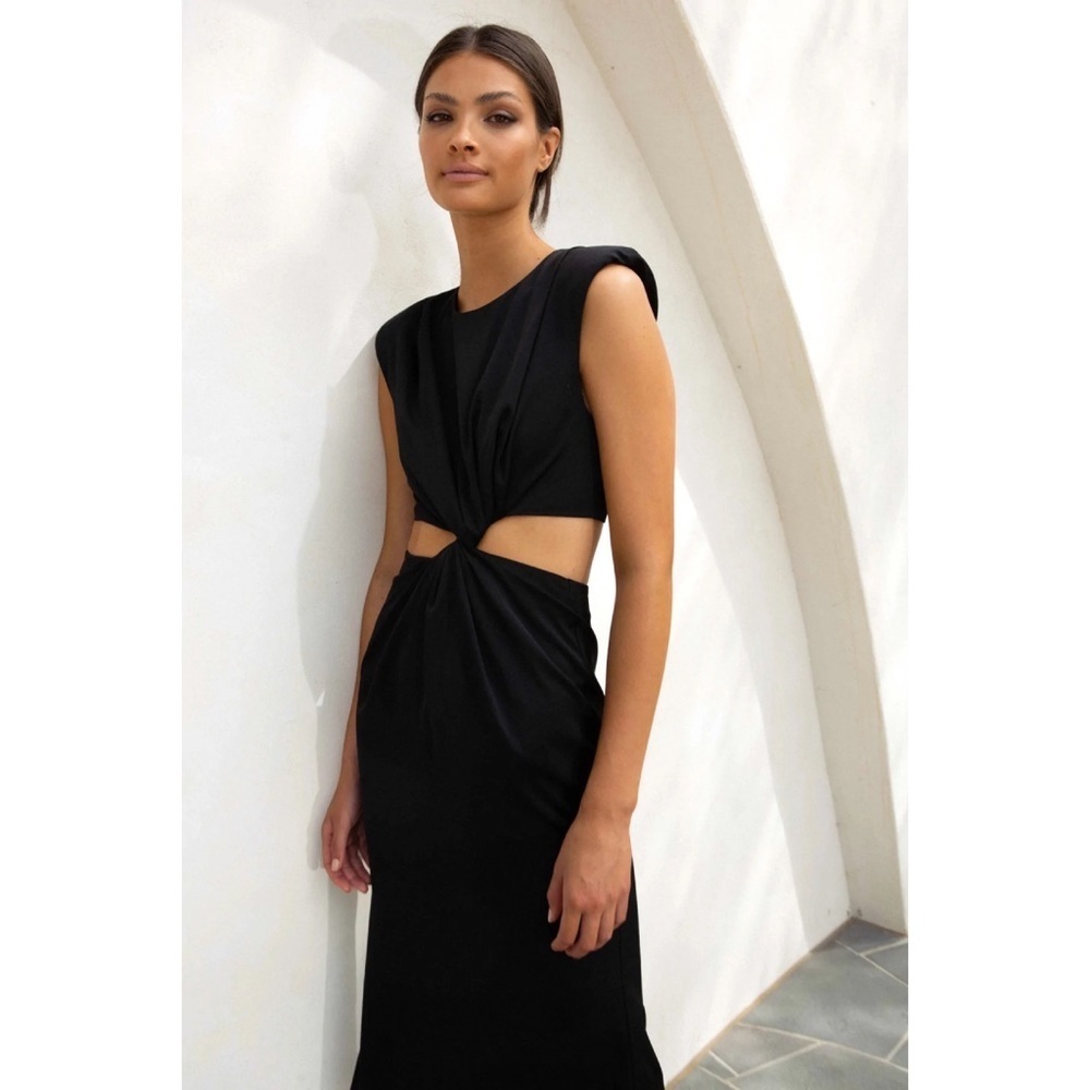 Misha Black Midriff Cutout Midi Dress Padded Shoulders NWT